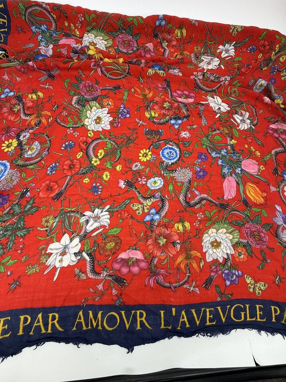 Gucci Flora Snake L'Aveugle Par Amour Shawl Scarf Red Navy Floral Wrap